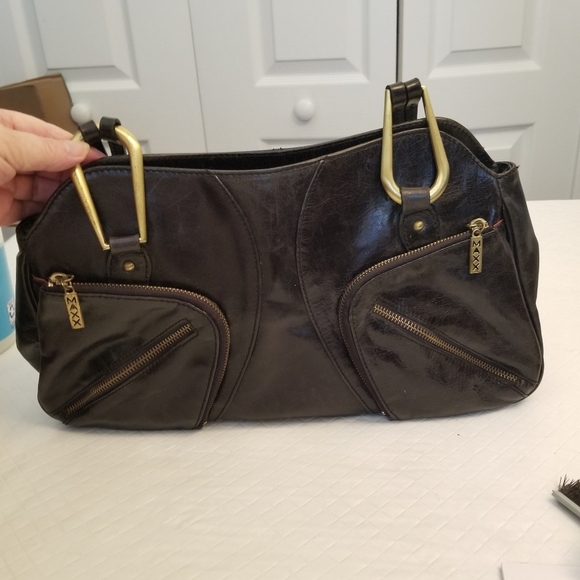 Maxx New York Black Gold Tone Zipper Pocket Studded Shoulder Bag - Picture 3 of 9